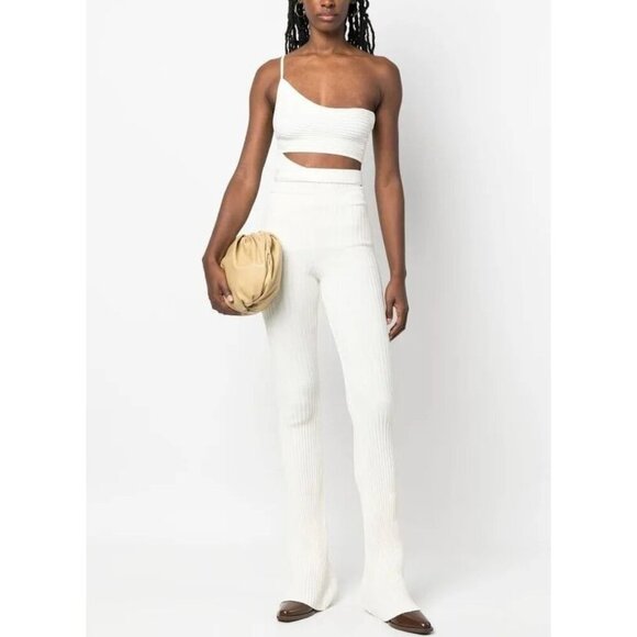 Andreadamo Ivory Ribbed Knit Flare Cutout Pants Womens XS NEW Made in Italy - Picture 1 of 10